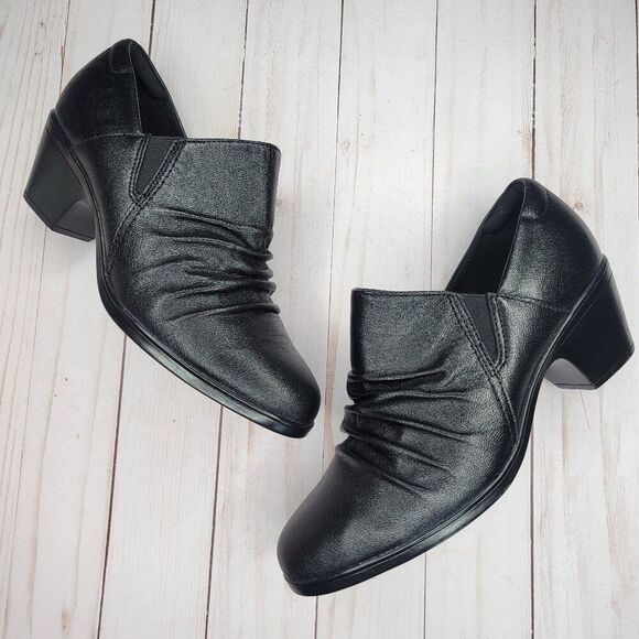 Clarks Shoes - CLARKS Emily2 Cove Black Leather Heeled Comfort Bootie Mules Shoes